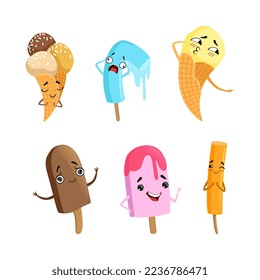Sweet Ice Cream Characters Smiling, Melting and Kissing Vector Set