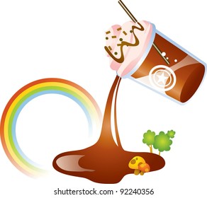 Sweet Ice Cream with Coffee - spilling brown beverage in the beautiful natural garden on white background : vector illustration