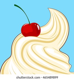 Sweet ice cream cone with cherry. Vector illustration.