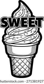 Ilustración vectorial de cono de helado dulce con texto dulce para diseños de menú de postre y panadería sobre un fondo transparente.