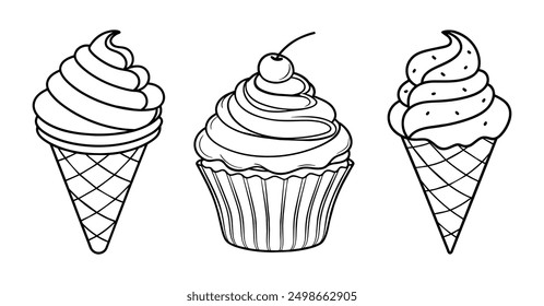 Sweet ice cream cones and cupcake vector illustration for coloring book. Hand drawn outline isolated sketch