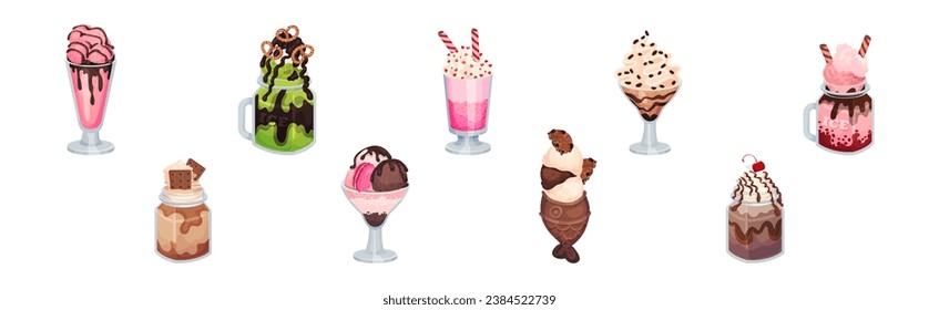 Sweet Ice Cream Dessert as Frozen Cool Summer Treat in Glass with Topping Vector Set