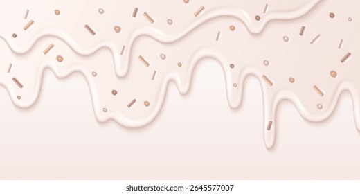 Sweet ice cream drip pattern with melting glaze flowing down beige background, decorated with colorful sprinkles and dots for dessert packaging, bakery branding or confectionery design projects.