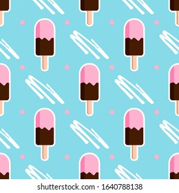 Sweet ice cream flat colorful seamless pattern Vector Image. Cute Popsicle on blue background. Flat design food for Fabric, paper, cover, web stock vector template for printing. Square format.