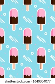 Sweet ice cream flat colorful seamless pattern Vector Image. Cute Popsicle on blue background. Flat design food for Fabric, paper, cover, web stock vector template for printing. Vertical format