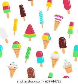 Sweet ice cream flat colorful seamless pattern, vector stock illustration isolated on white background. Different kinds of ice cream