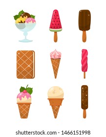 Sweet ice cream flat vector illustrations set. Various delicious icecream pack. Tasty summer refreshment, cool frozen dessert. Creamy gelato collection. Sundae waffle cone, vanilla wafer cup