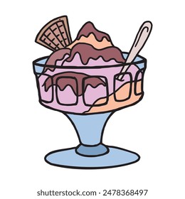 Sweet ice cream in a glass cup with a spoon and cake hand drawn cartoonish outline illustration. Fruit frozen ice cream with a chocolate topping in a mug simple sugar food and ice dessert delicates.