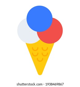 Sweet ice cream with melted cream, flat vector design of ice cone