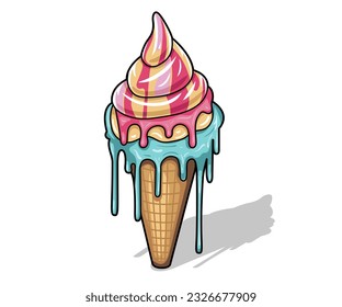 Sweet ice cream melting balls in the waffle cone isolated on background. Vector flat outline icon, label, sticker. Comic character in cartoon style illustration for t shirt design.