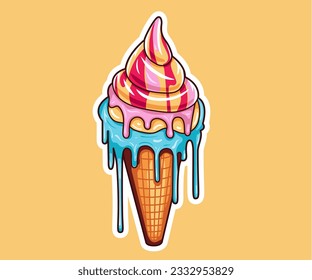 Sweet ice cream melting balls in the waffle cone isolated on background. Vector flat outline icon, label, sticker. Comic character in cartoon style illustration for t shirt design.