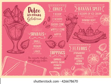 Sweet Ice cream menu placemat food restaurant brochure, dessert template design. Vintage creative sweet template with hand-drawn graphic. Vector food menu flyer. Gourmet menu board.