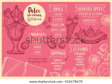 Sweet Ice cream menu placemat food restaurant brochure, dessert template design. Vintage creative sweet template with hand-drawn graphic. Vector food menu flyer. Gourmet menu board.