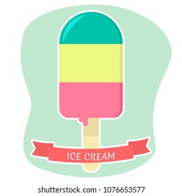Sweet ice cream on a stick striped with different flavors, a flat icon in a white stroke on a background with a red ribbon. Vector illustration. EPS 10.