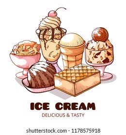 Sweet ice cream poster. Frozen soft, creamy different types delight, beautiful poster for social media, blogs, or advertisements. Ice cream hand drawn vector illustration