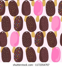 sweet ice cream regular rows chocolate 
 strawberry fudge sugar sprinkles and nuts summer hot seamless pattern on pink background
