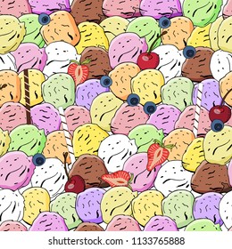 Sweet ice cream seamless pattern. Vector illustration, hand drawn elements. Excellent print for greeting cards, clothes, bed linens, fabric, textiles, wallpaper, wrapping paper, gift box.