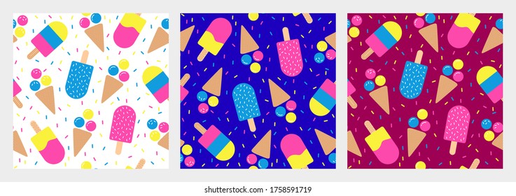 Sweet ice cream seamless pattern vector set