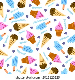 Sweet ice cream seamless pattern isolated on white background.