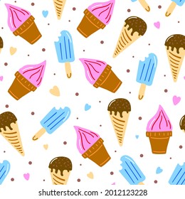 Sweet ice cream seamless pattern isolated on white background.