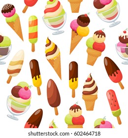 Sweet ice cream seamless pattern on white background. Ice cream icons set in modern flat style. Vector illustration