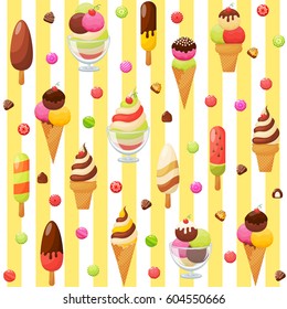Sweet ice cream seamless pattern on bright stripes background. Ice cream icons set in modern flat style. Vector illustration