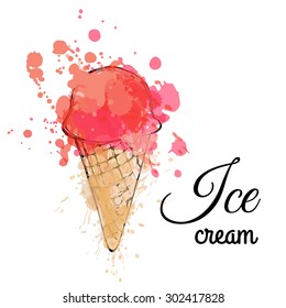 Sweet ice cream. Sketch + watercolor style. Vector illustration.