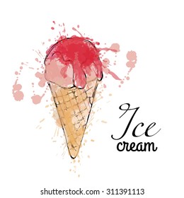 Sweet ice cream. Sketch + watercolor style. Vector illustration.