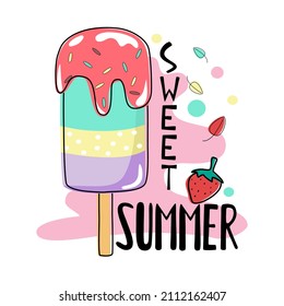 Sweet ice cream vector illustration designed in doodle style in summer theme for web, postcard, t-shirt design, Pillow designs, logos, stickers, printed fabrics, mugs, and more