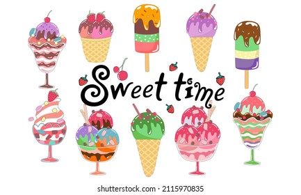 Sweet ice cream vector illustration, colorful, doodle style design for summer decoration, art for kids , cards, print labels, fabric patterns, stickers, clip art, mugs patterns, t shirts kids and more