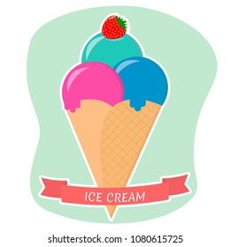 Sweet ice cream in a waffle cone three different flavors and strawberries, a flat icon with a white stroke on the background of a red ribbon. Vector illustration. EPS 10.