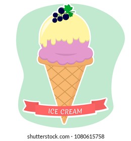 Sweet ice cream in a waffle cone, creamy icing and currant, a flat icon with a white stroke on the background of a red ribbon. Vector illustration. EPS 10.