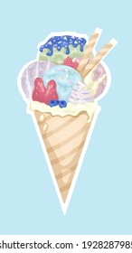 Sweet ice cream in a waffle cone with syrup and berries: strawberries, raspberries and blueberries. No diet day on May 6th. Summer chilled food. Isolated cartoon vector illustration.