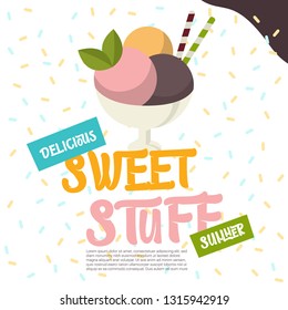 Sweet ice-cream dessert menu, or sign board, poster, print. Template for design. Sweet stuff. Vector Illustration.