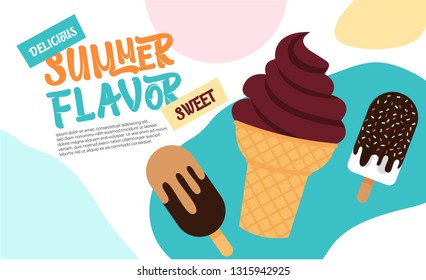 Sweet ice-cream dessert menu, or sign board, poster, print. Template for design.  Summer sweet stuff. Vector Illustration.