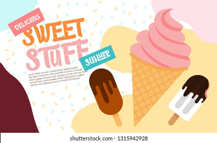 Sweet Ice-cream Dessert Menu, Or Sign Board, Poster, Print. Template For Design. Sweet Stuff For Summer Flavor. Vector Illustration.