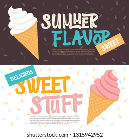 Sweet ice-cream dessert sign board, poster, print. Template for design. Summer flavor, sweet stuff. Vector illustration