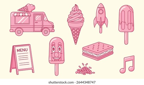 Pacote de ícone de caminhão de sorvete doce. Van de sobremesa rosa, cone redemoinho, foguete pop, rosto de picolé, sanduíche de sorvete, polvilhas de doces, nota de música e placa de menu de calçada