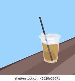 Té helado dulce en una taza de plástico en una mesa de madera con un fondo azul