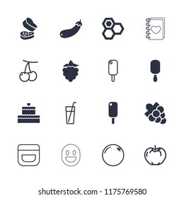 Sweet icon. collection of 16 sweet filled and outline icons such as honey, grape, ice cream, ice cream on stick, aubergine, orange. editable sweet icons for web and mobile.