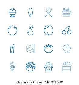 Sweet icon. collection of 16 sweet outline icons such as orange, peach, apple, cherry, ice cream on stick, donut, drink, pear. editable sweet icons for web and mobile.