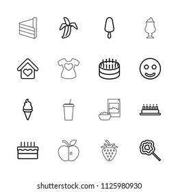 Sweet icon. collection of 16 sweet outline icons such as smile, cake, ice cream, ice cream on stick, lollipop, banana, love home. editable sweet icons for web and mobile.
