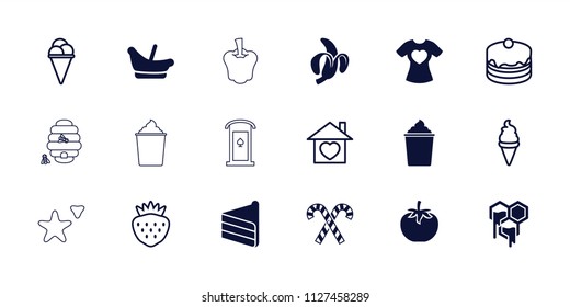 Sweet icon. collection of 18 sweet filled and outline icons such as baby basket, t-shirt with heart, ice cream, cake, strawberry. editable sweet icons for web and mobile.