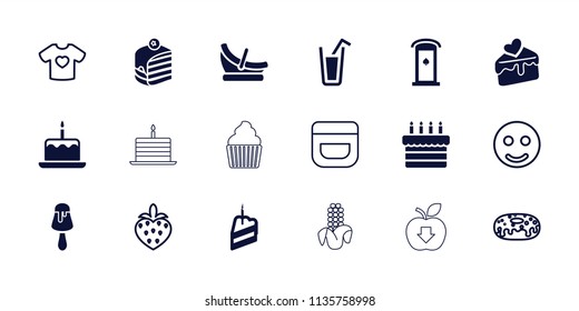 Sweet icon. collection of 18 sweet filled and outline icons such as cake with one candle, piece of cake, cream, smile, donut. editable sweet icons for web and mobile.