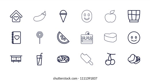 Sweet icon. collection of 18 sweet outline icons such as cherry, beehouse, smiling emot, ice cream, donut, drink, notebook with heart. editable sweet icons for web and mobile.