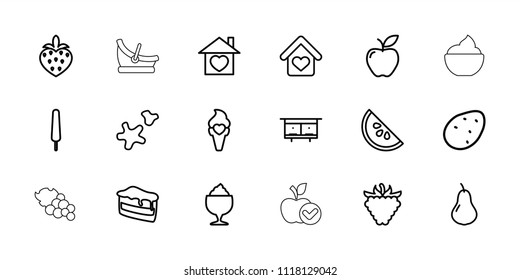 Sweet icon. collection of 18 sweet outline icons such as potato, pear, beehouse, piece of cake, ice cream on stick, milkshake, apple. editable sweet icons for web and mobile.