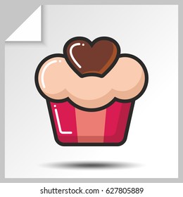 Sweet icon- cupcake wiht chocolate heart. Vector Isolated flat colorful illustration.
