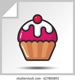 Sweet icon- cupcake wiht icing and cherry. Vector Isolated flat colorful illustration.