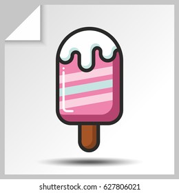 Sweet icon - ice cream lolly striped with white icing. Vector Isolated flat colorful illustration.