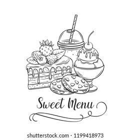 Sweet icon, retro style, vector illustration. Engraved ice cream, lemonade, cookies adn cake